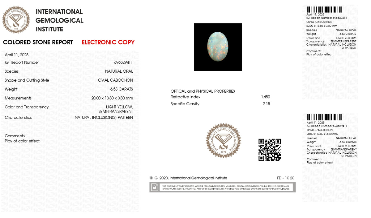 White Opal With Fire 6.53 Carats / 7.18 Ratti