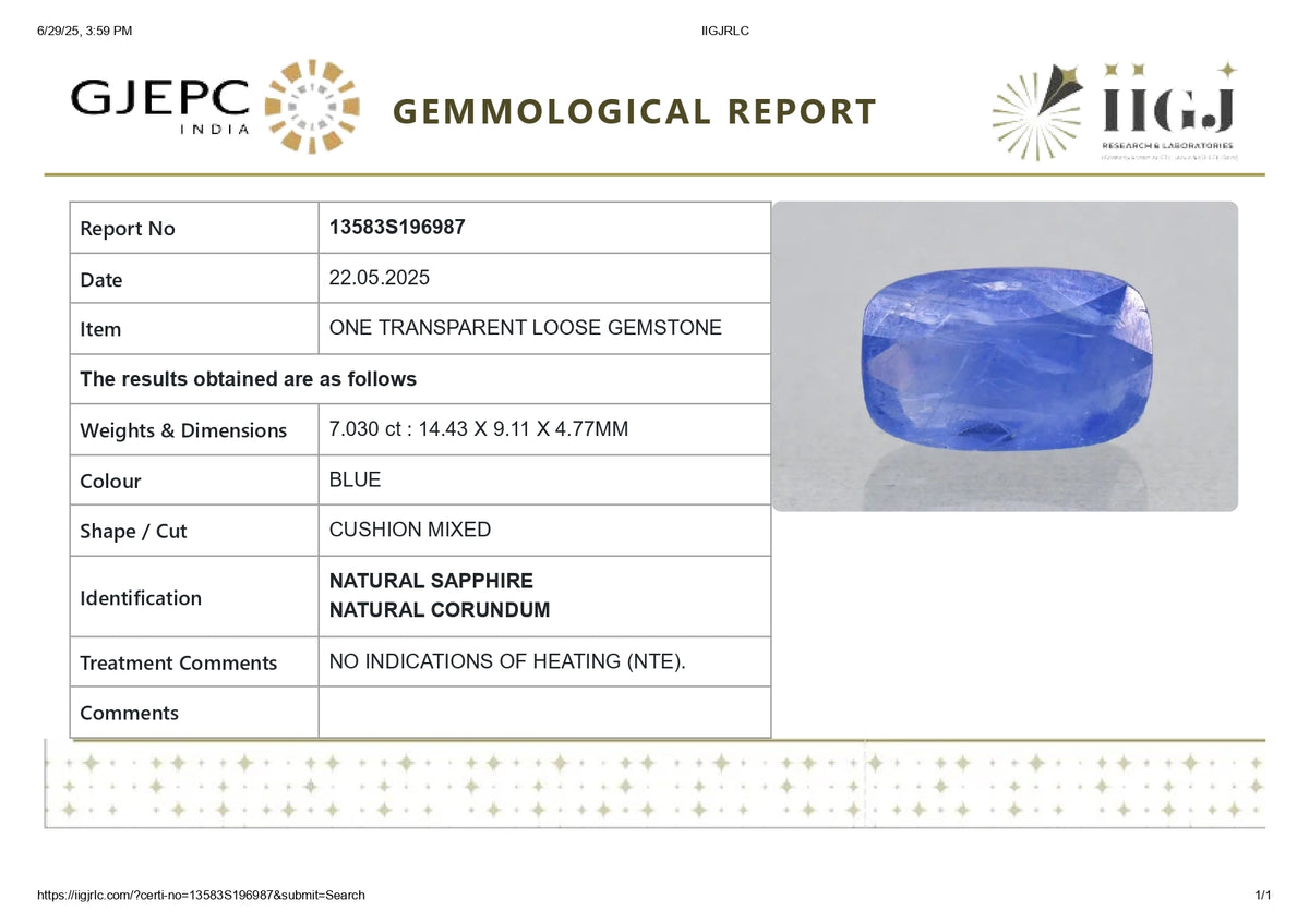 Natural Blue Sapphire 7.03 Carats / 7.73 Ratti