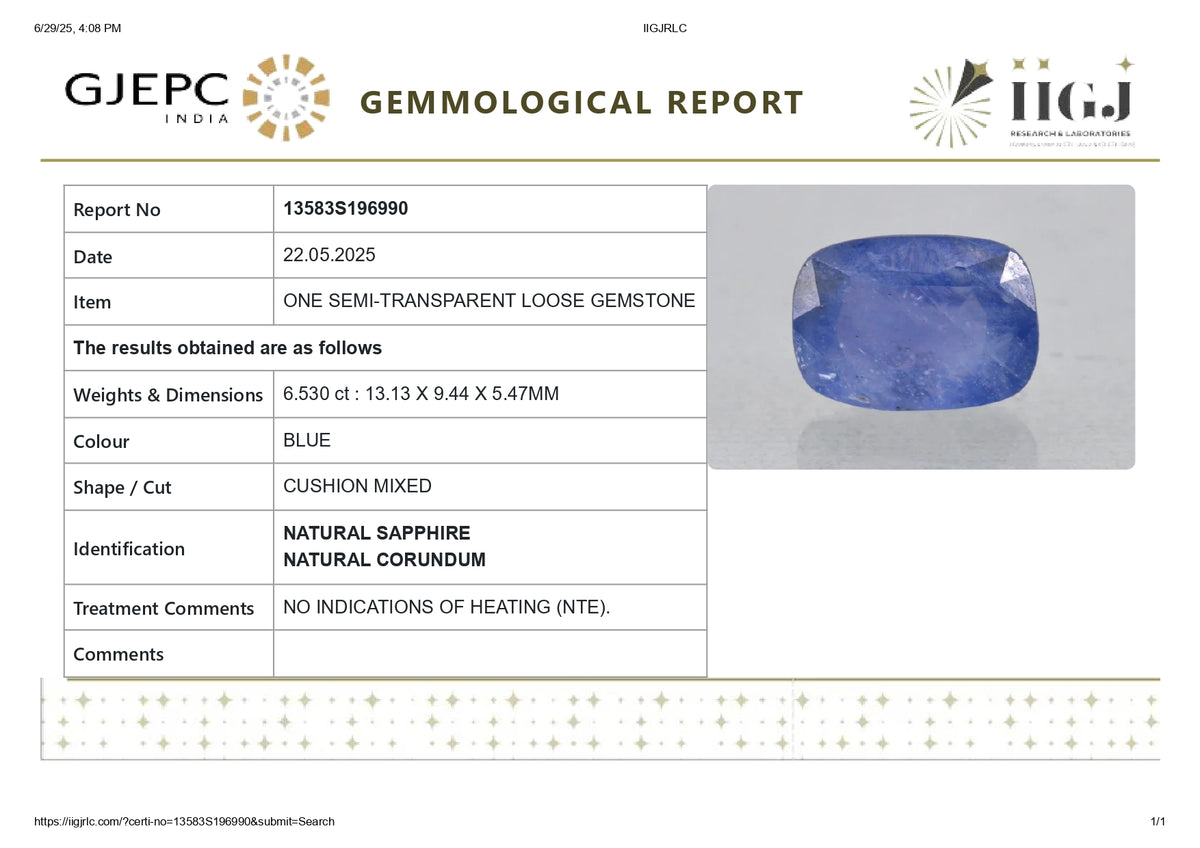 Natural Blue Sapphire 6.53 Carats / 7.18 Ratti