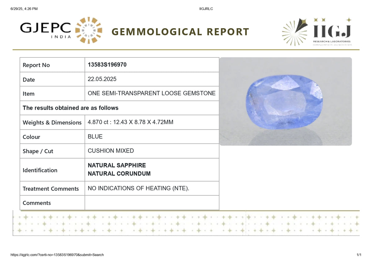 Natural Blue Sapphire 4.87 Carats / 5.35 Ratti