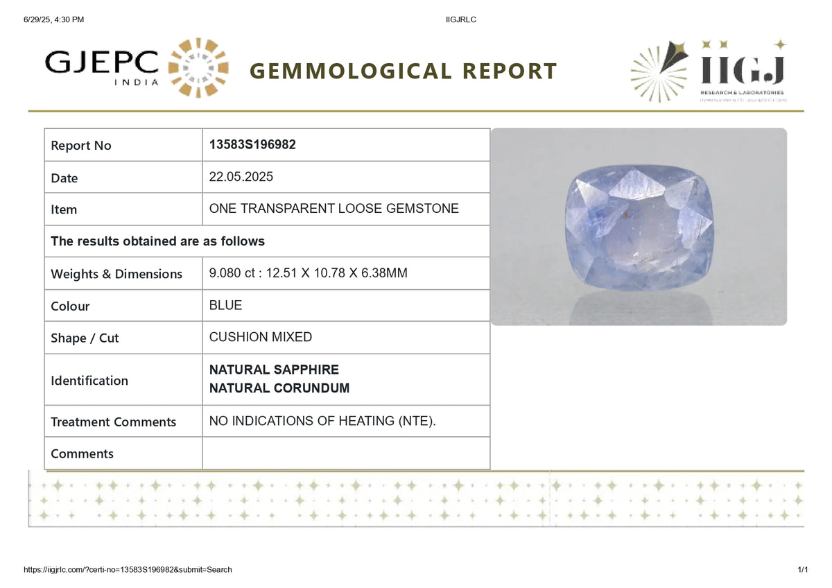 Natural Blue Sapphire 9.08 Carats / 9.98 Ratti