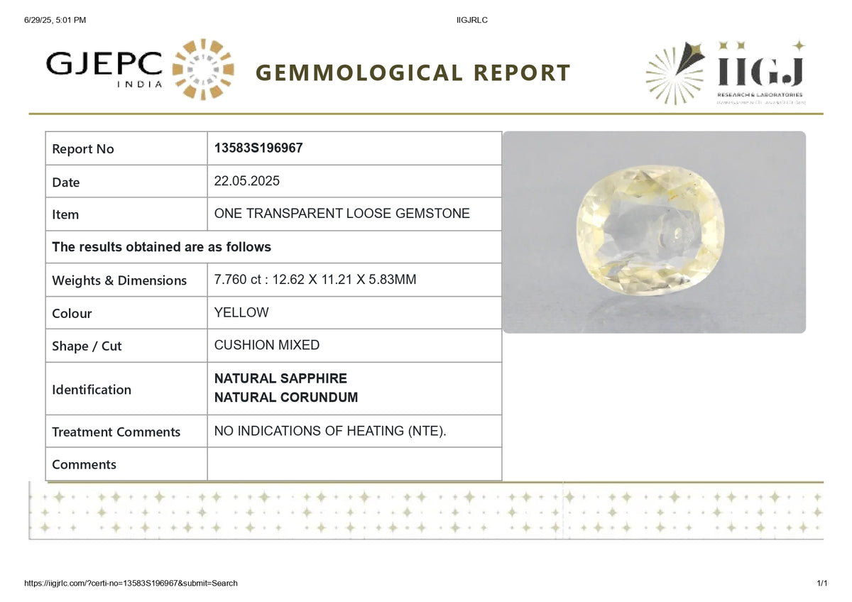 Natural Yellow Sapphire 7.76 Carats / 8.53 Ratti