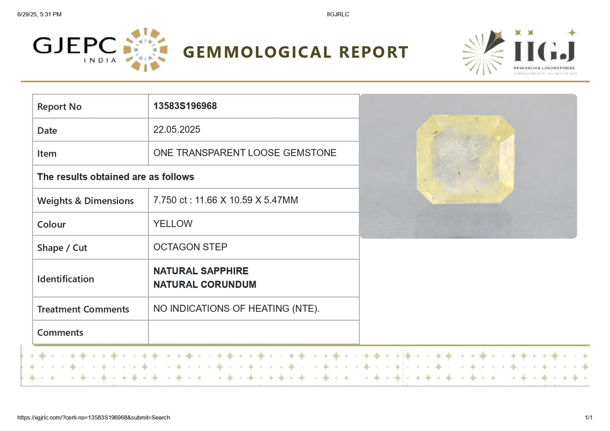 Natural Yellow Sapphire 7.75 Carats / 8.52 Ratti