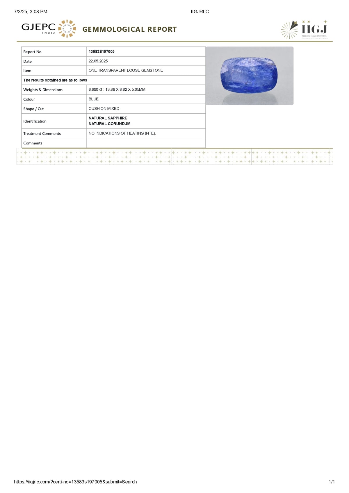 Natural Blue Sapphire 6.69 Carats / 7.35 Ratti