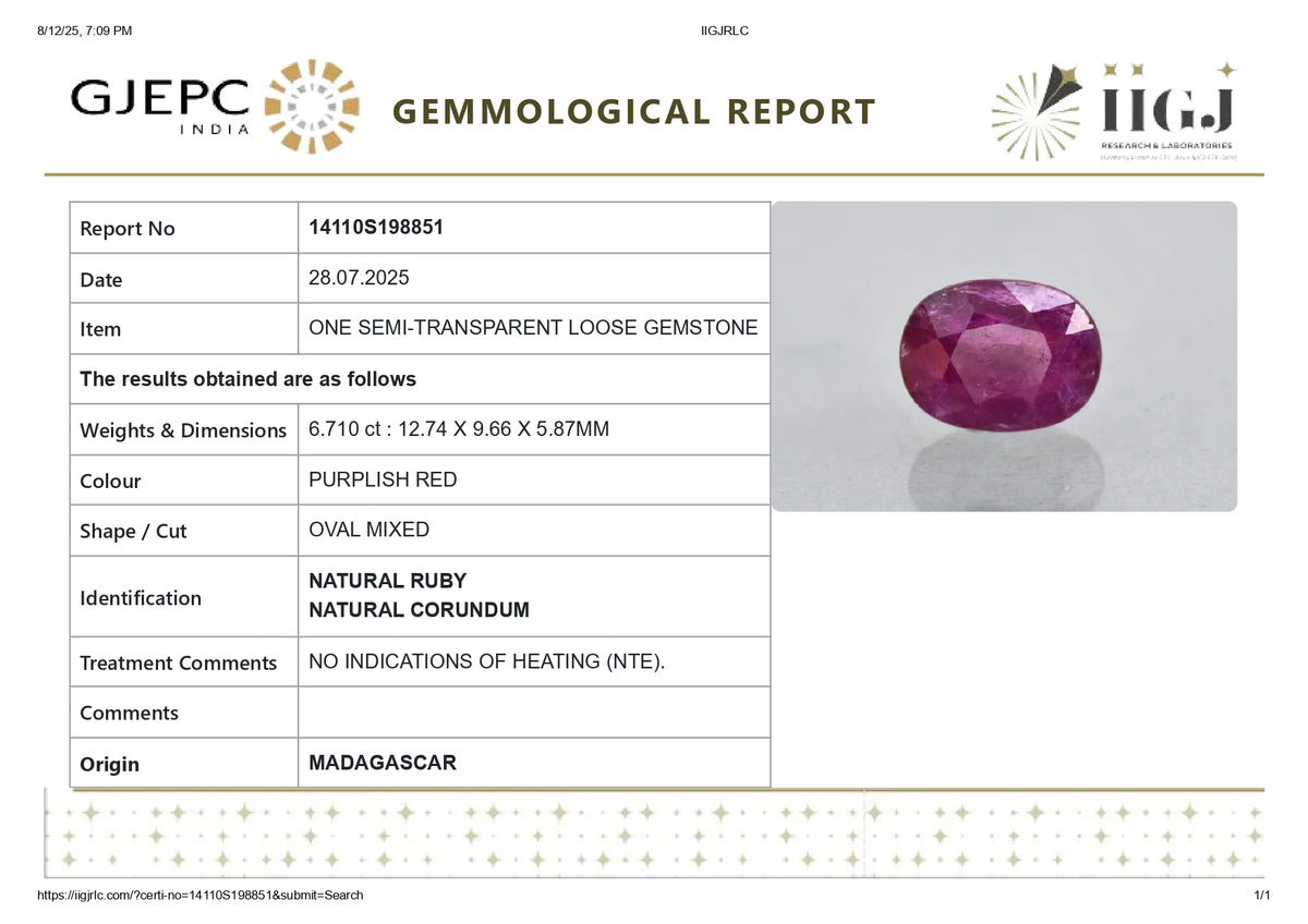Madagascar Ruby (Manik) 6.71 Carats / 7.37 Ratti