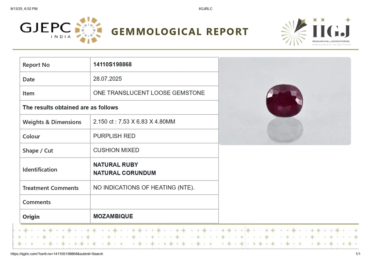 Mozambique Ruby (Manik) 2.15 Carats / 2.36 Ratti