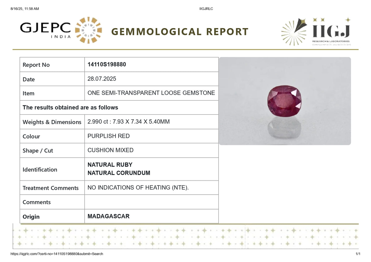 Madagascar Ruby (Manik) 2.99 Carats / 3.29 Ratti