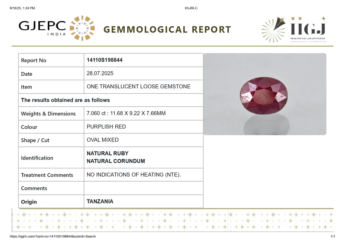 Natural Ruby (Manik) 7.06 Carats / 7.76 Ratti