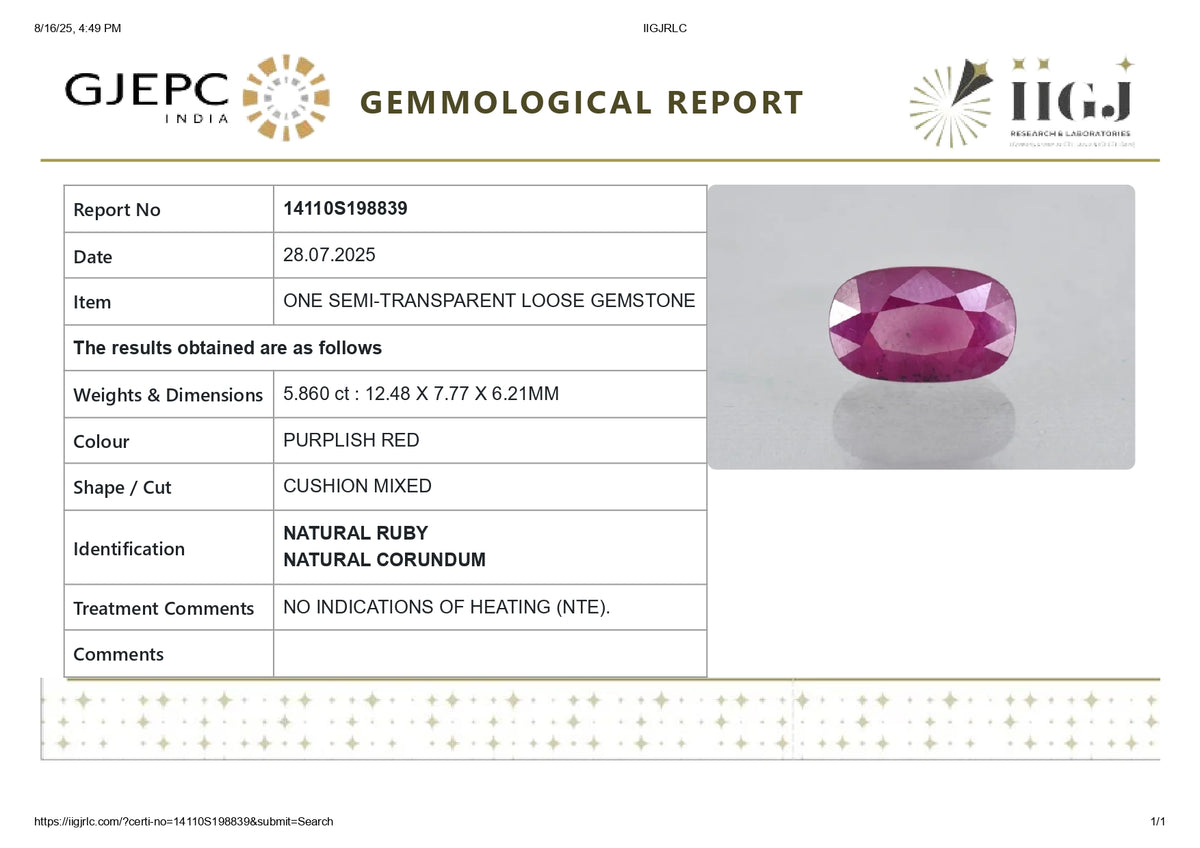 Mozambique Ruby (Manik) 5.86 Carats / 6.44 Ratti