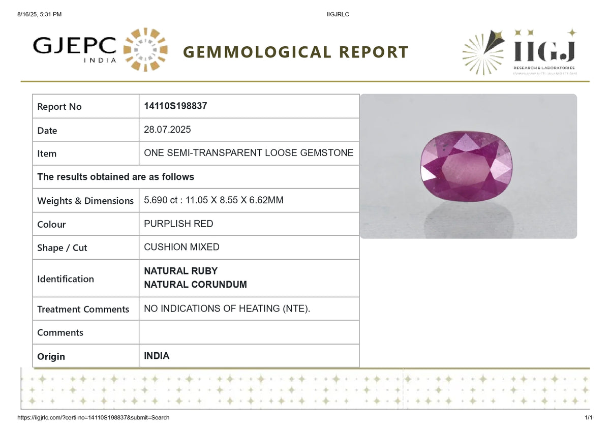 Natural Ruby (Manik) 5.69 Carats / 6.25 Ratti
