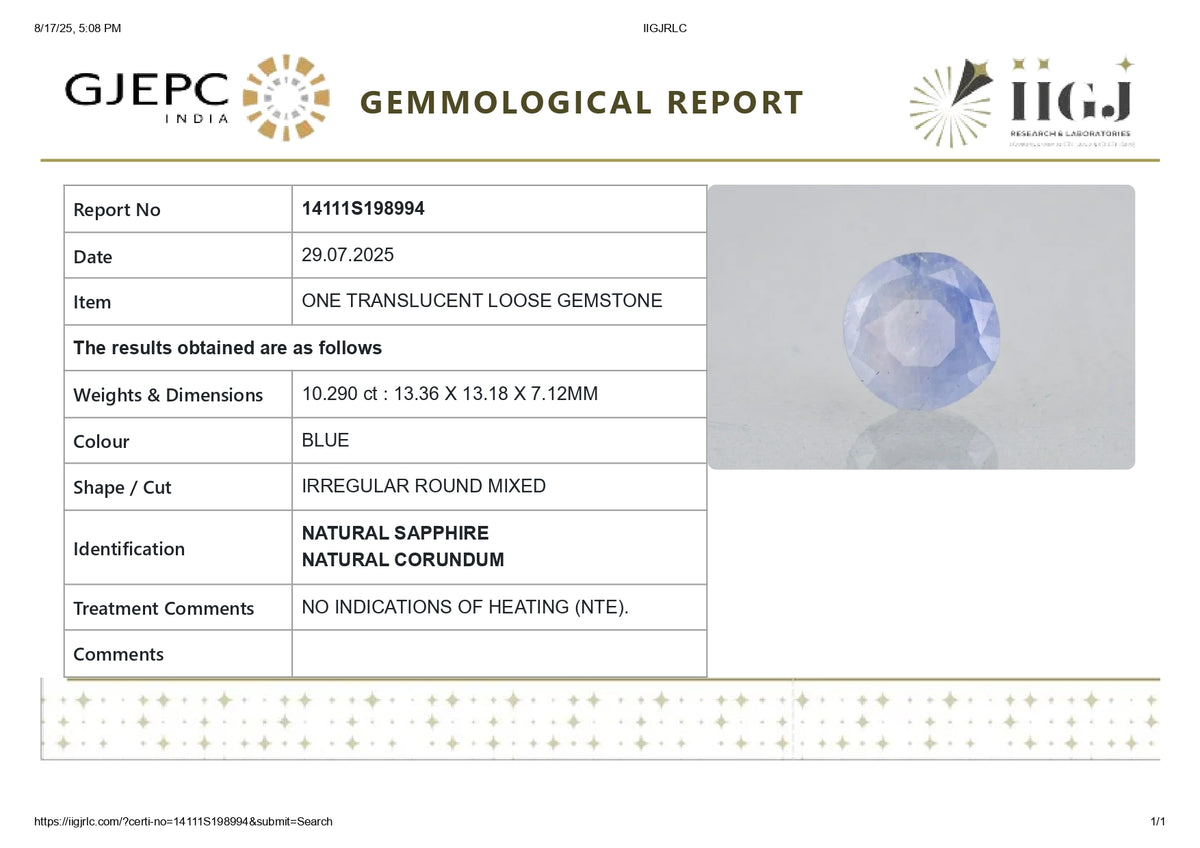 Natural Blue Sapphire 10.29 Carats / 11.31 Ratti