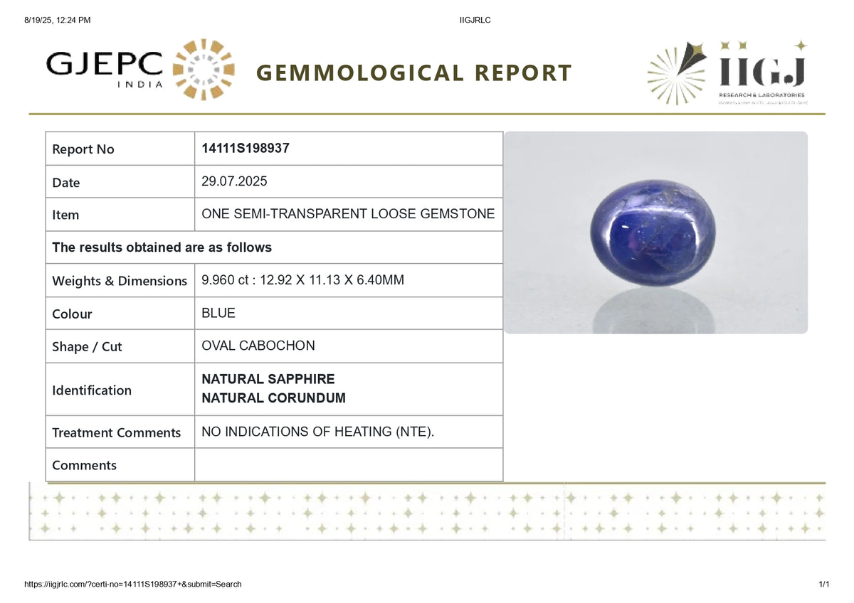 Natural Blue Sapphire 9.96 Carats / 10.95 Ratti