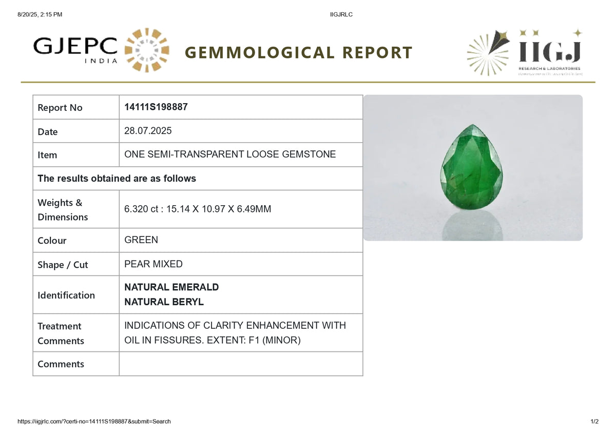 Zambian Emerald (Panna) 6.32 Carats / 6.95 Ratti