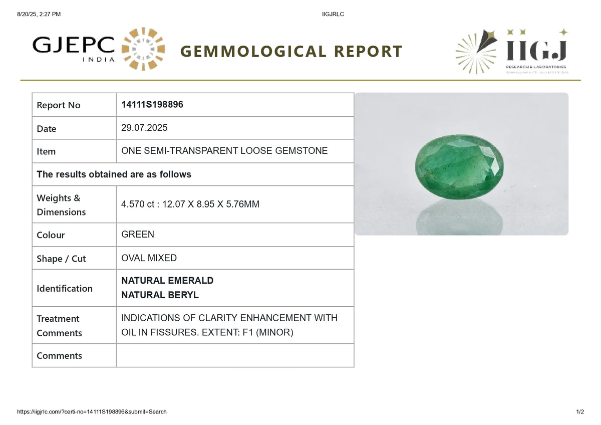 Zambian Emerald (Panna) 4.57 Carats / 5.02 Ratti