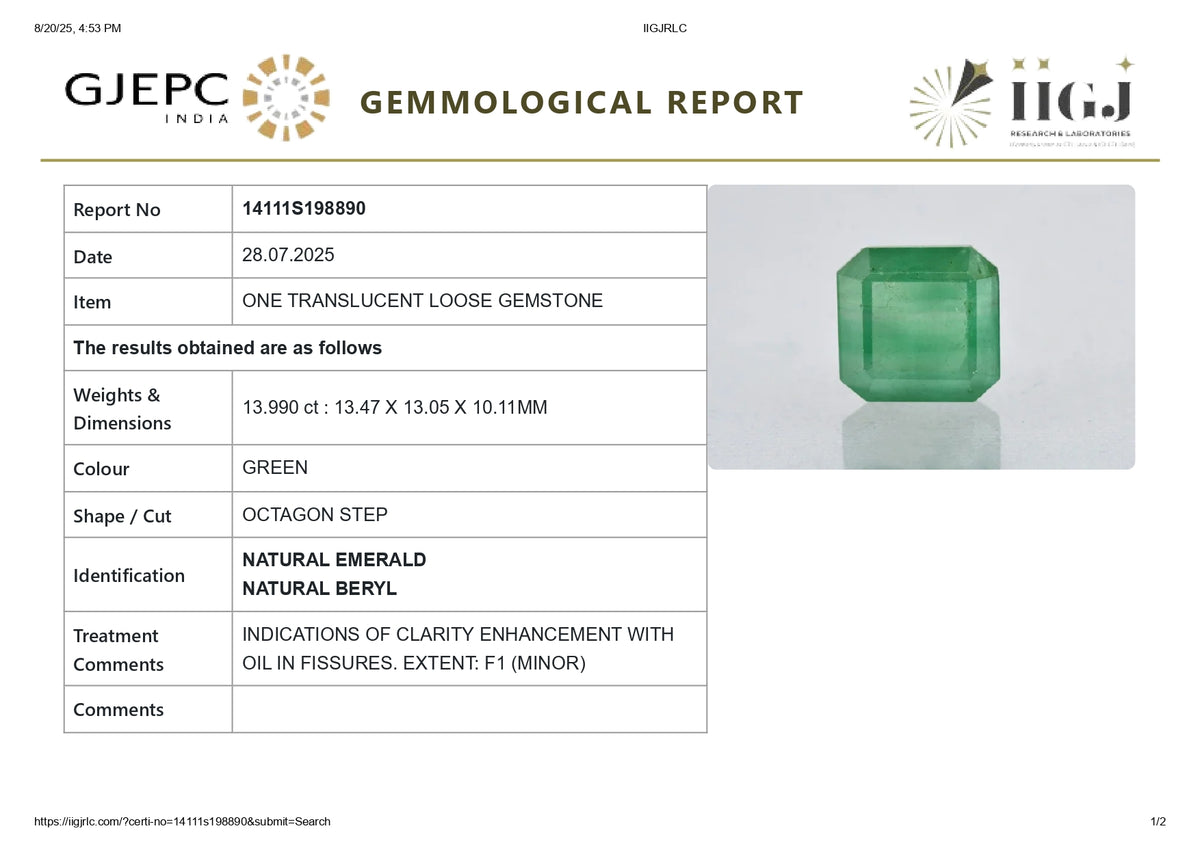 Zambian Emerald (Panna) 13.99 Carats / 15.37 Ratti