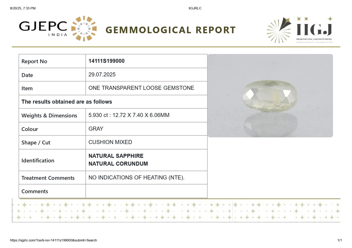 Natural White Sapphire 5.93 Carats / 6.52 Ratti