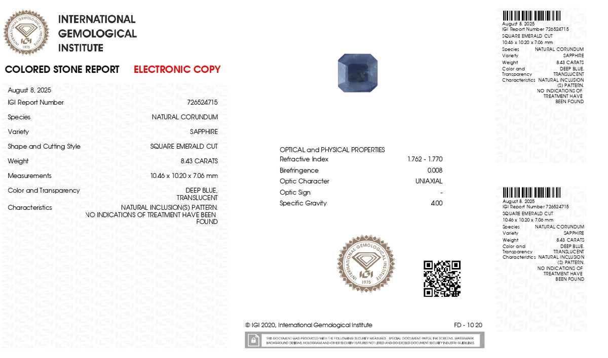 Natural Blue Sapphire 8.43 Carats / 9.26 Ratti