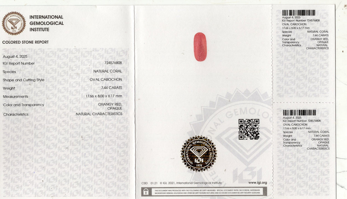 Italian Red Coral 7.44 Carats / 8.18 Ratti