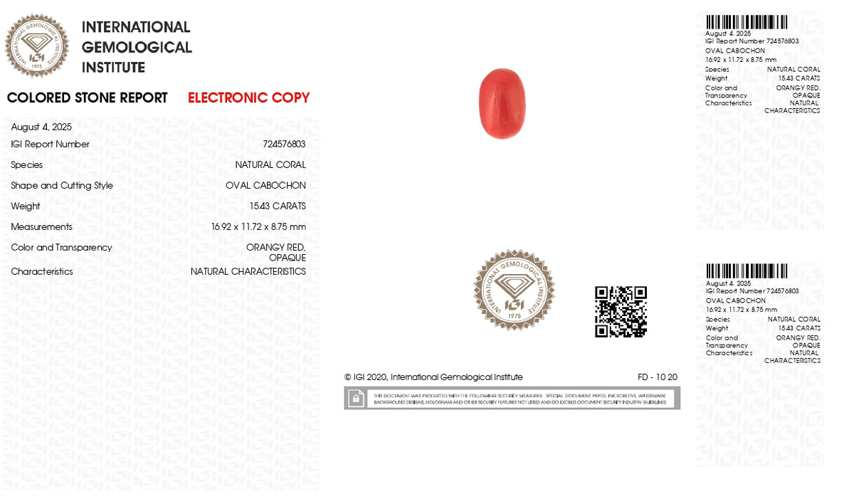 Italian Red Coral 15.43 Carats / 16.96 Ratti