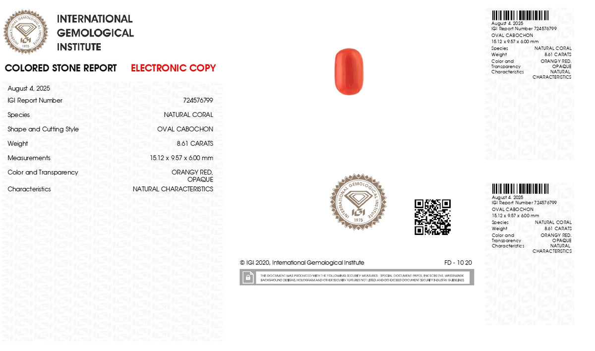 Italian Red Coral 8.61 Carats / 9.46 Ratti