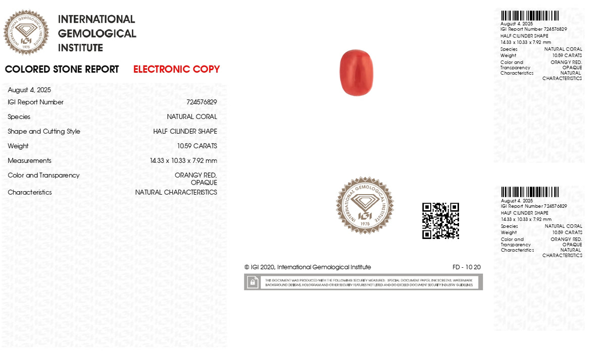 Italian Red Coral 10.59 Carats / 11.64 Ratti