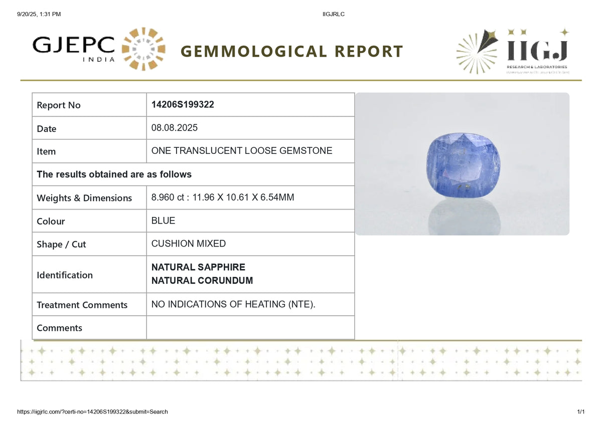 Natural Blue Sapphire 8.96 Carats / 9.85 Ratti