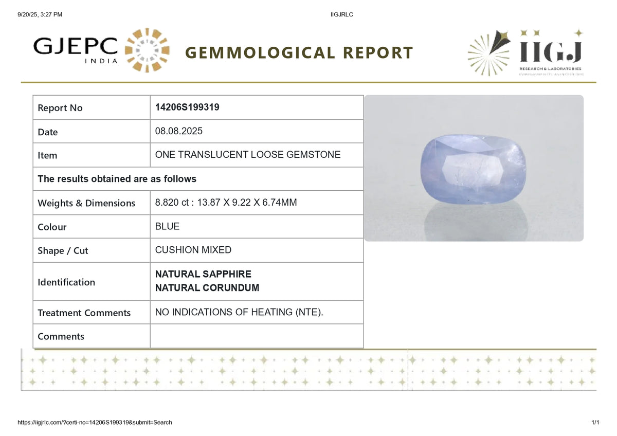 Natural Blue Sapphire 8.82 Carats / 9.69 Ratti