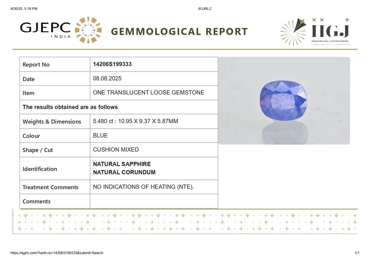 Natural Blue Sapphire 5.48 Carats / 6.02 Ratti