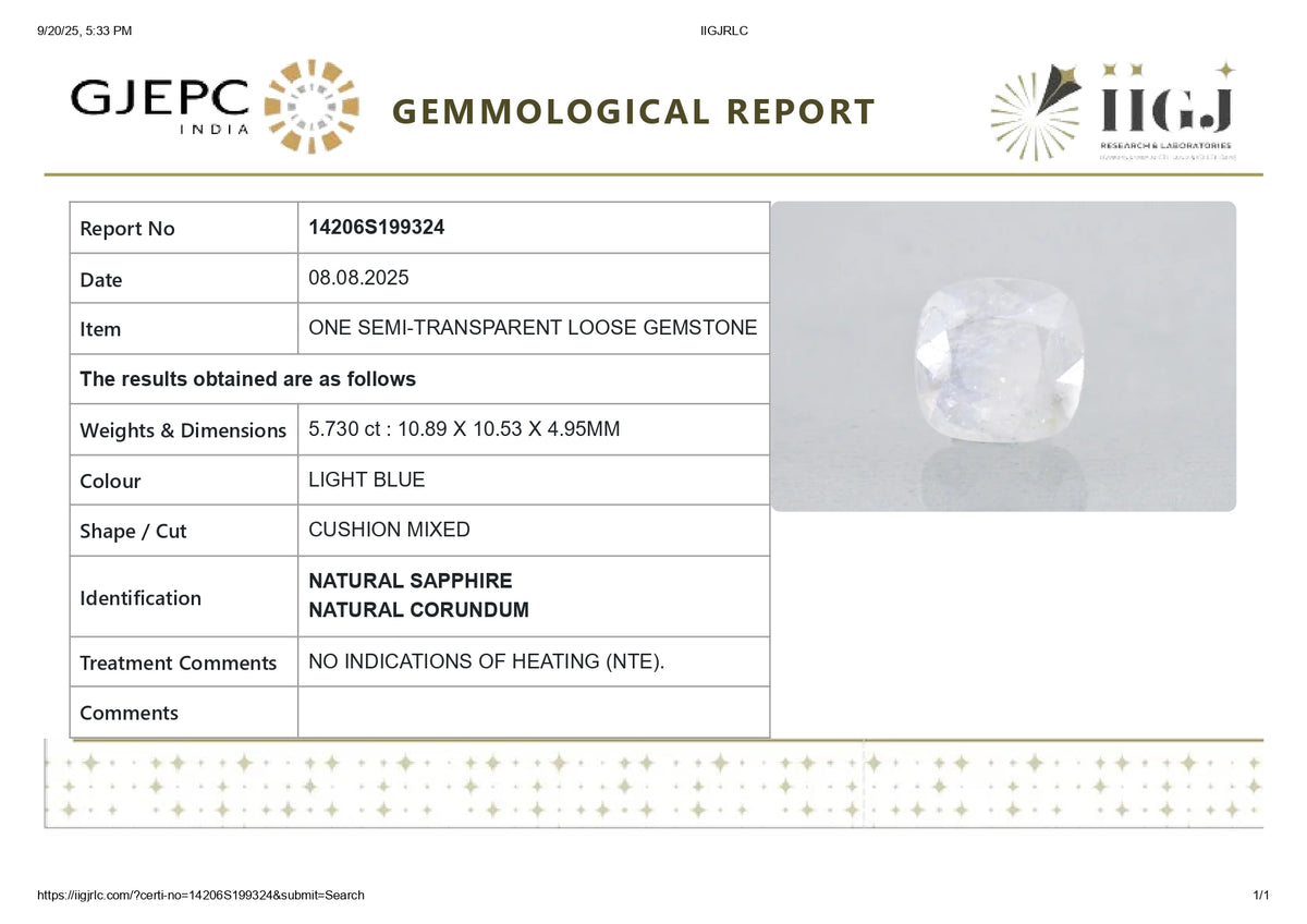 Natural Blue Sapphire 5.73 Carats / 6.3 Ratti