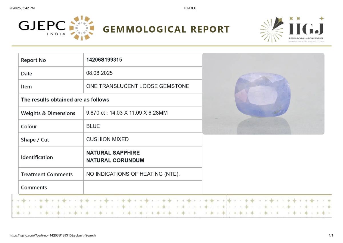 Natural Blue Sapphire 9.87 Carats / 10.85 Ratti