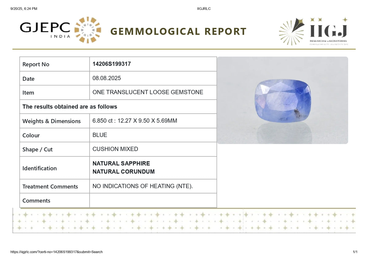 Natural Blue Sapphire 6.85 Carats / 7.53 Ratti