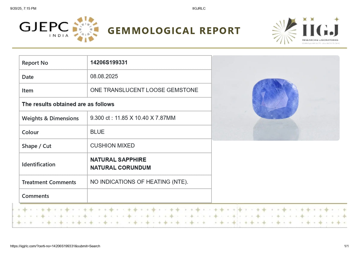 Natural Blue Sapphire 9.30 Carats / 10.22 Ratti