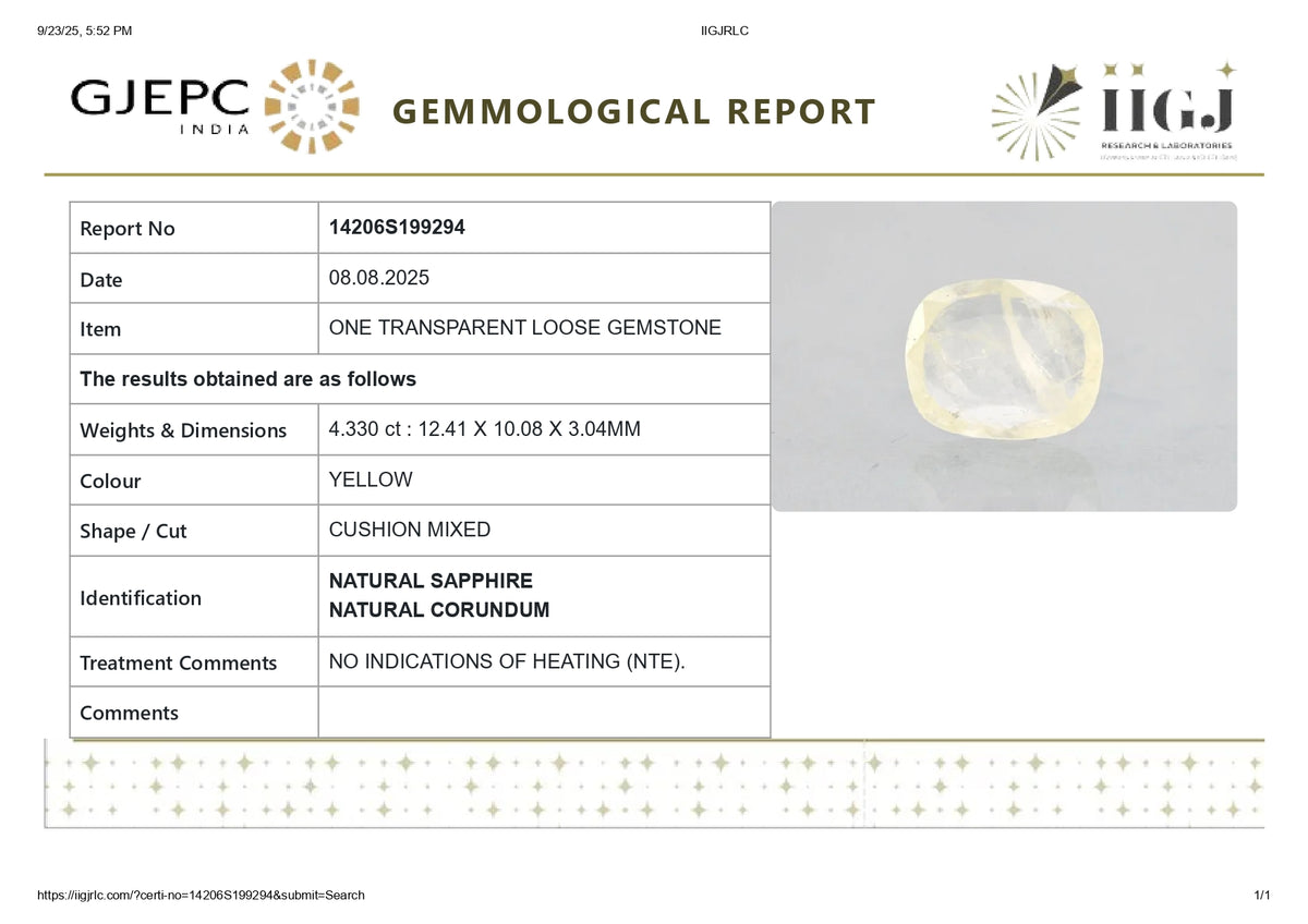 Natural Yellow Sapphire 4.33 Carats / 4.76 Ratti