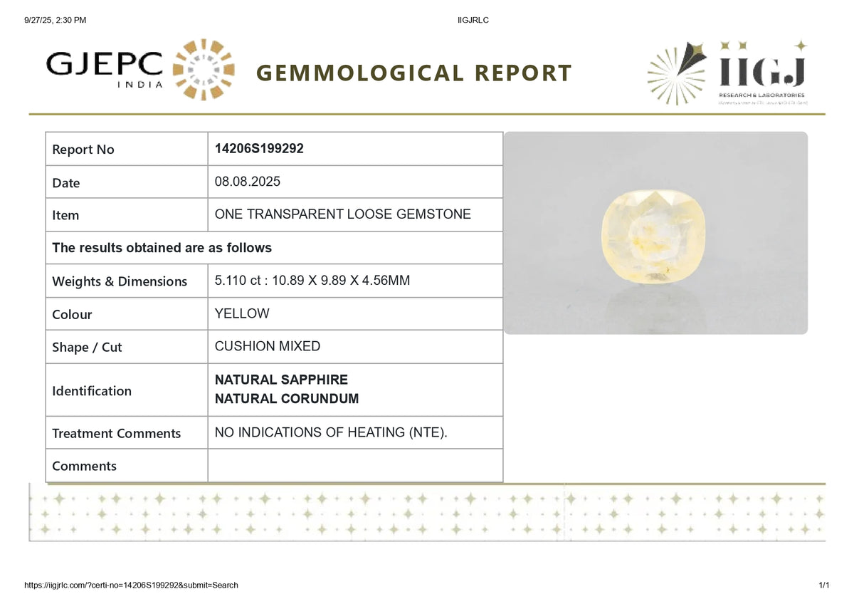 Natural Yellow Sapphire 5.11 Carats / 5.62 Ratti