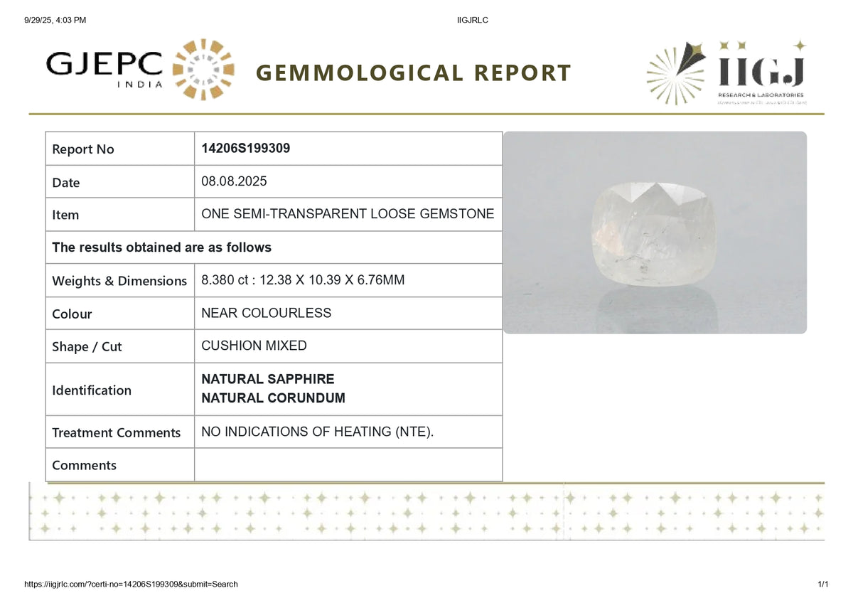 Natural White Sapphire 8.38 Carats / 9.21 Ratti