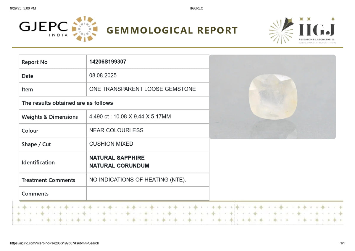 Natural White Sapphire 4.49 Carats / 4.93 Ratti