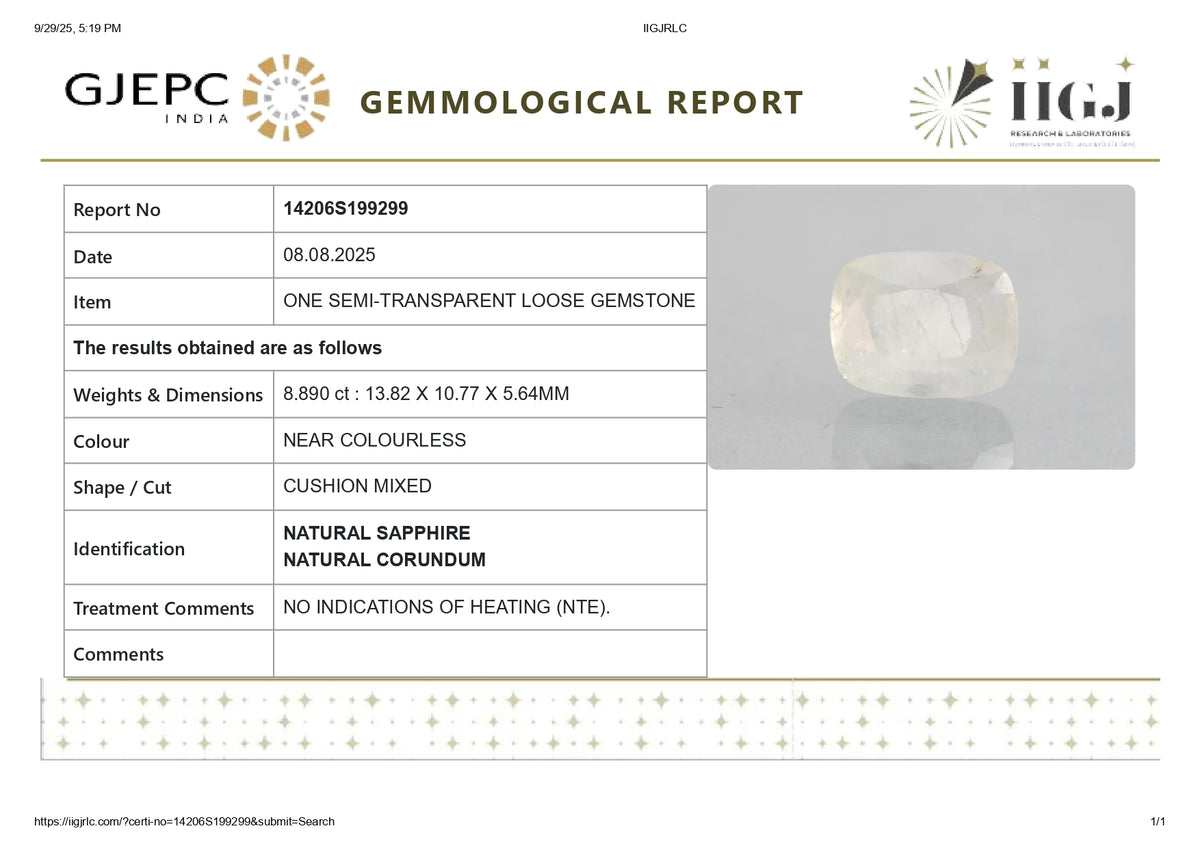 Natural White Sapphire 8.89 Carats / 9.77 Ratti