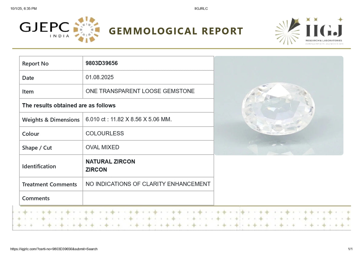 Natural Zircon 6.01 Carats / 6.6 Ratti
