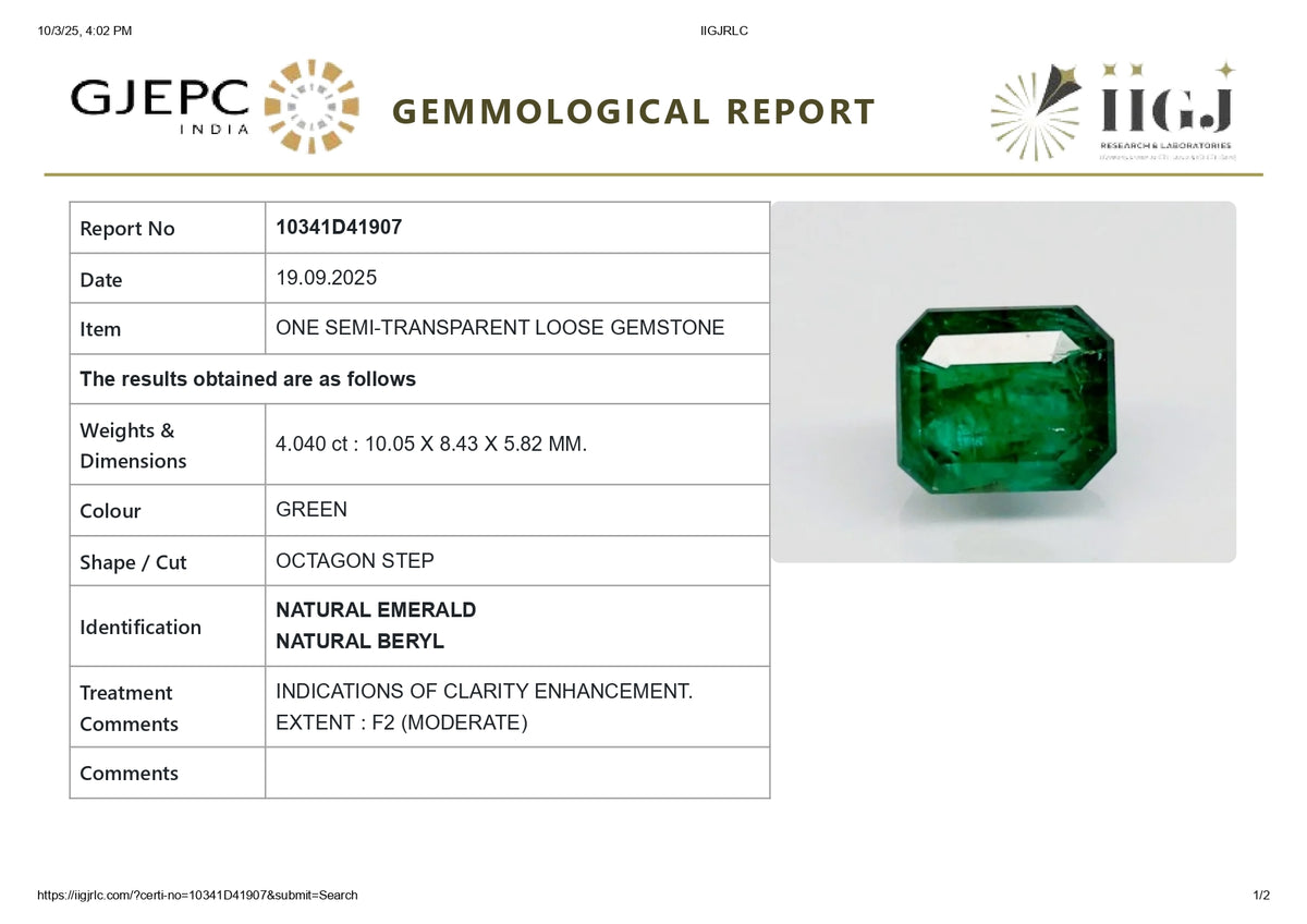 Zambian Emerald (Panna) 4.04 Carats / 4.44 Ratti