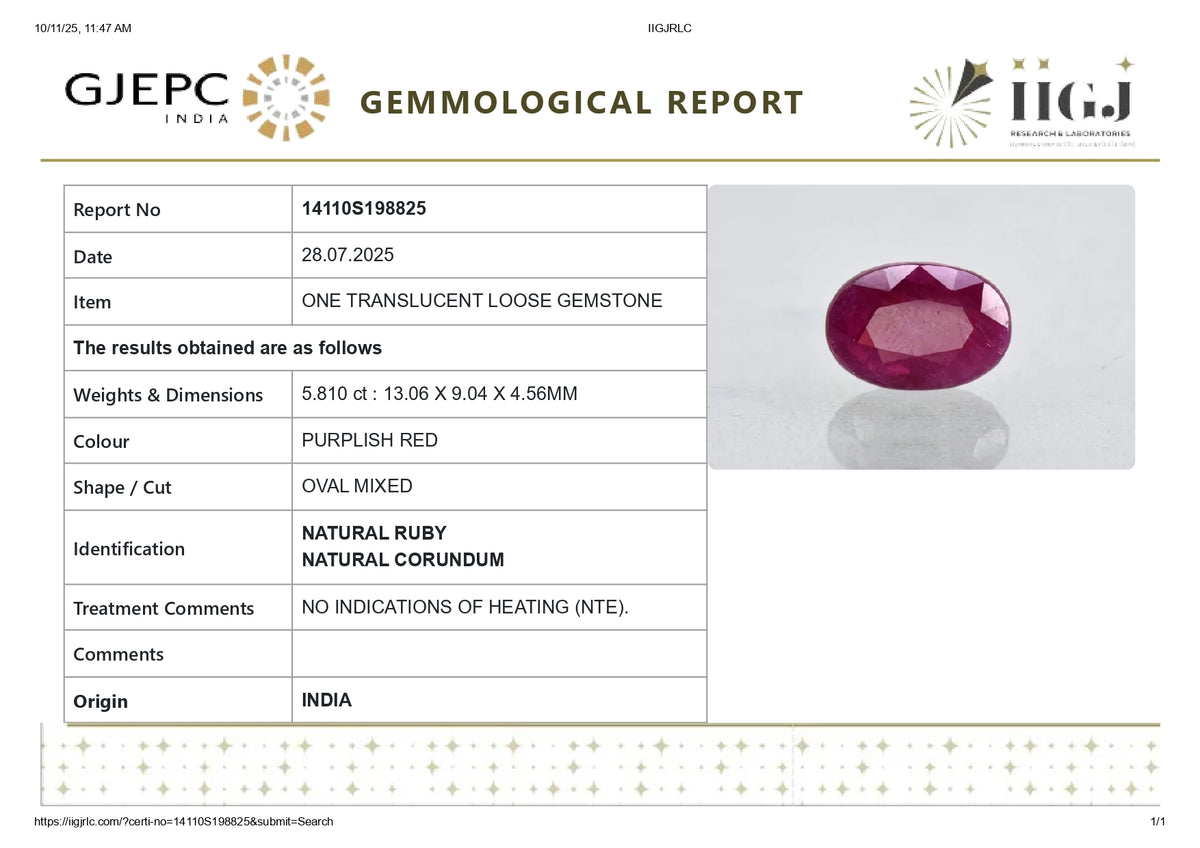 Natural Ruby (Manik) 5.81 Carats / 6.38 Ratti