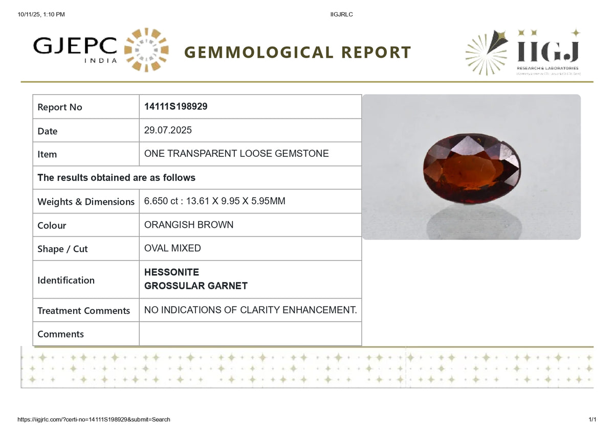 Sri-Lankan Hessonite (Gomed) 6.65 Carats / 7.31 Ratti