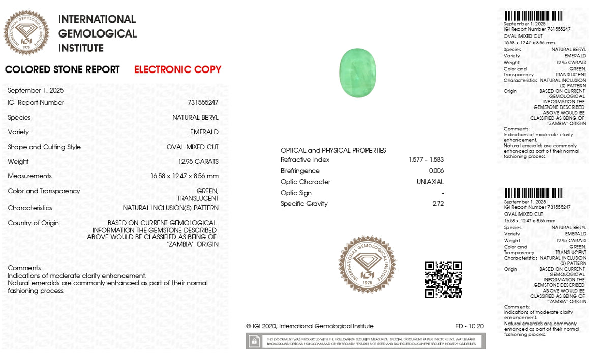 Zambian Emerald (Panna) 12.95 Carats / 14.23 Ratti