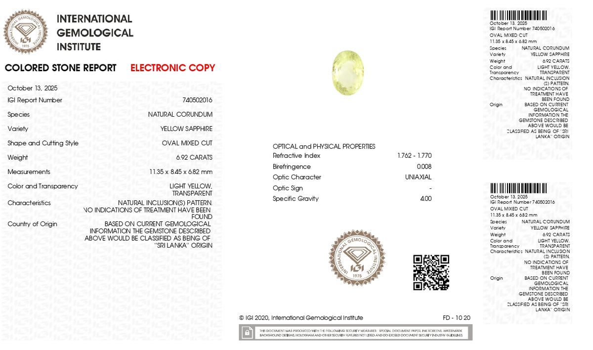 Natural Yellow Sapphire 6.92 Carats / 7.6 Ratti