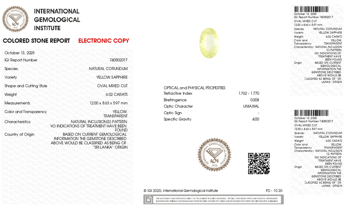 Natural Yellow Sapphire 6.02 Carats / 6.62 Ratti
