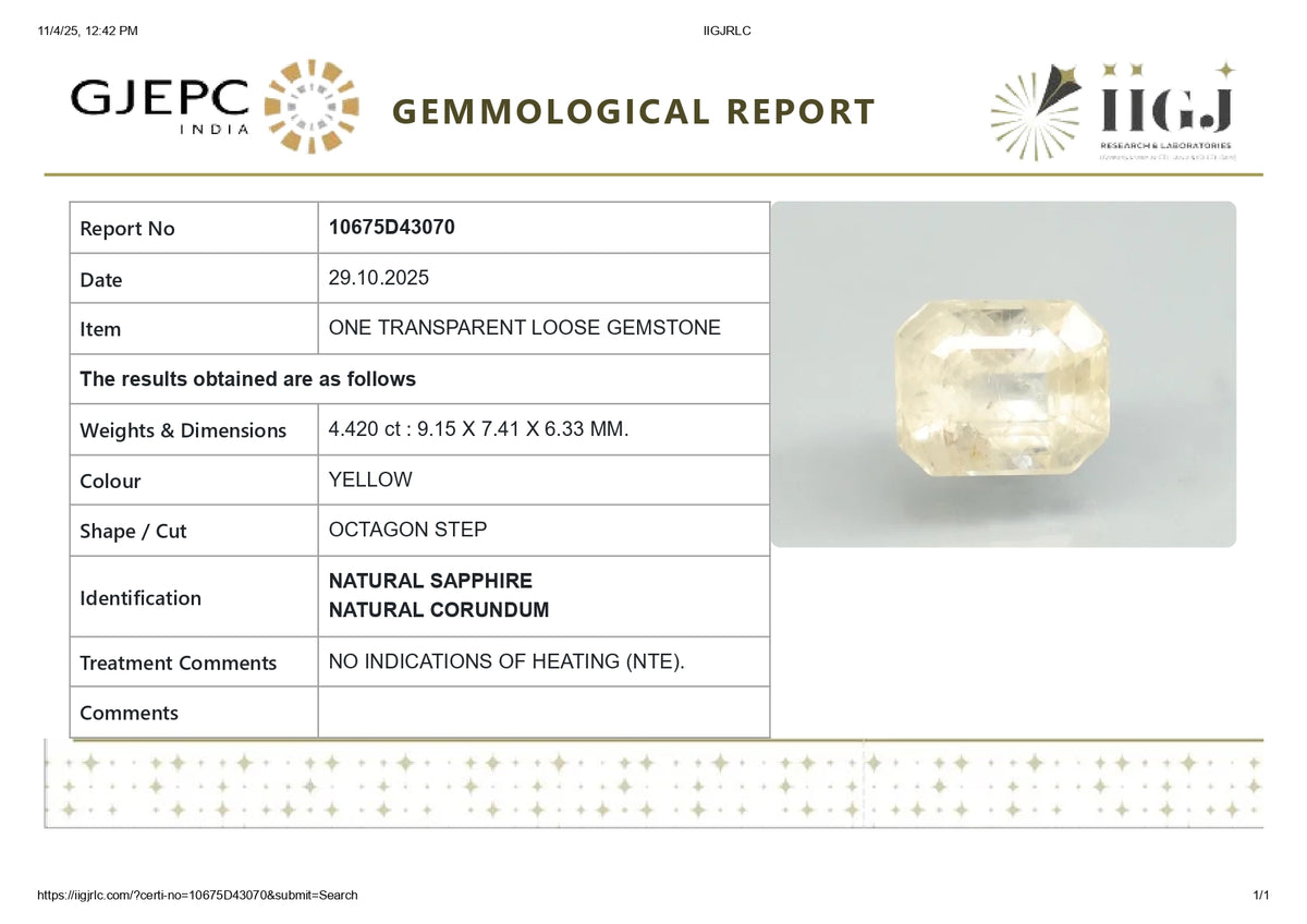 Natural Yellow Sapphire 4.42 Carats / 4.86 Ratti