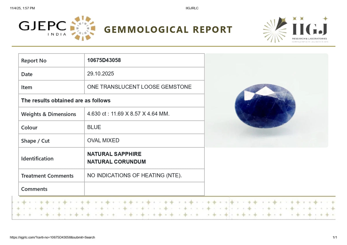 Natural Blue Sapphire 4.63 Carats / 5.09 Ratti