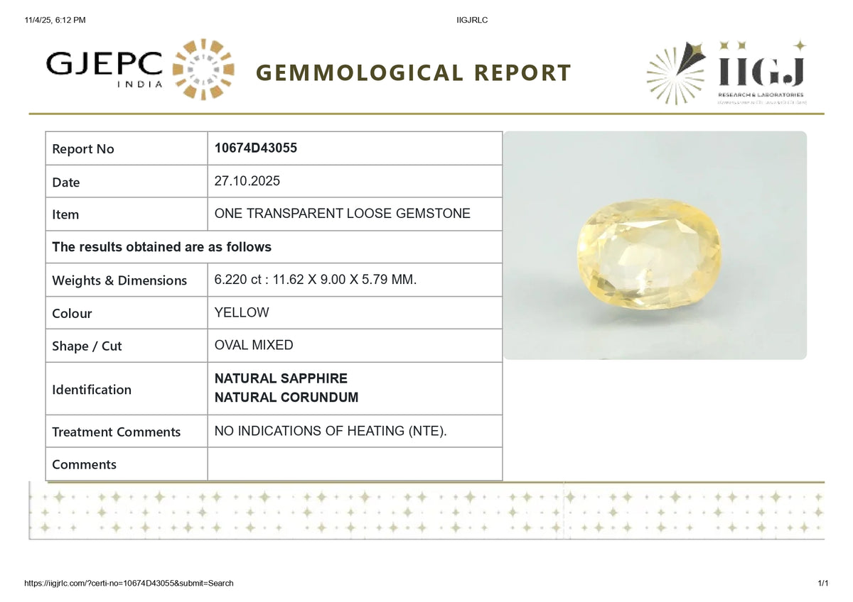 Natural Yellow Sapphire 6.22 Carats / 6.84 Ratti