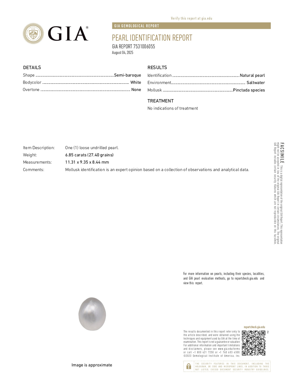 Basra Pearl 6.85 Carats / 7.53 Ratti