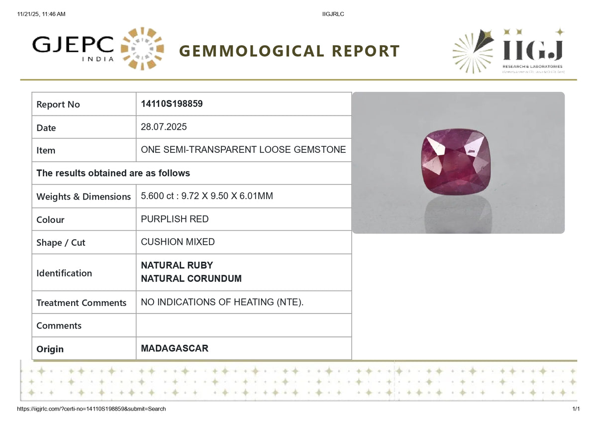 Madagascar Ruby (Manik) 5.60 Carats / 6.15 Ratti