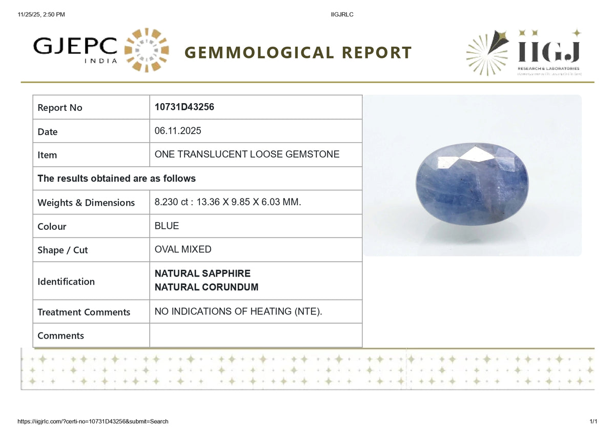 Natural Blue Sapphire 8.23 Carats / 9.04 Ratti